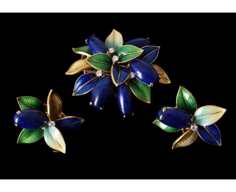 AN ENAMELLED DIAMOND AND LAPIS LAZULI BROOCH AND EAR CLIPSthe foliate brooch with blue and green enamelled leaves and oval ca