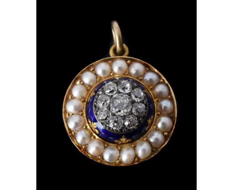 A VICTORIAN DIAMOND HALF PEARL AND BLUE ENAMEL PENDANT CIRCA 1880the central old mine cut diamond cluster, approximately 1.04