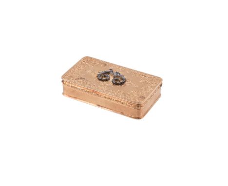 A 19TH CENTURY CONTINENTAL GOLD RECTANGULAR SNUFF BOX NO MAKER'S MARK, POSSIBLY NAPLES IMPORT MARKED FOR 1824-1832  The cover