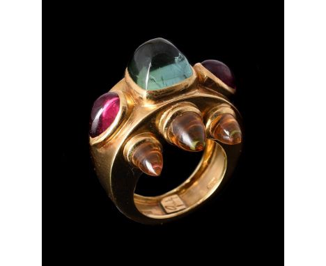 GRATIA SCOTT-OLDFIELD, AN 18 CARAT GOLD PINK AND GREEN TOURMALINE AND CITRINE DRESS RINGthe broad band with a central cushion