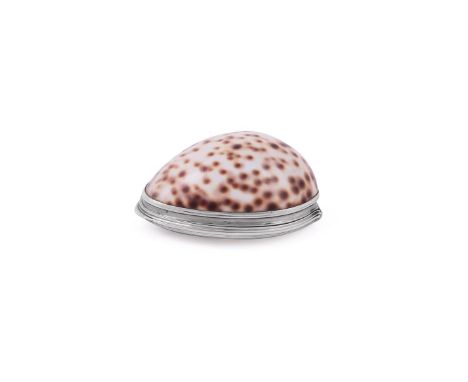 A GEORGIAN SILVER MOUNTED COWRIE SHELL SNUFF BOXSTAMPED EC ONLYEngraved beneath Samuell Pickering within a C-scroll and flora