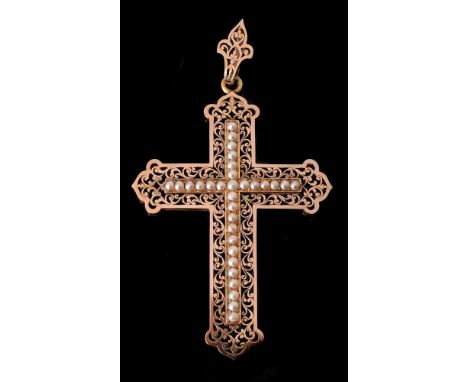 A LATE 19TH CENTURY GOLD HALF PEARL CROSS PENDANT CIRCA 1890the cross with trefoil tips with pierced scrolled decoration, wit