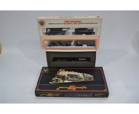 HO Gauge American Steam Locomotives and Tenders, four boxed examples Mantua 322-01 Mikado 217 with power drive in black Santa