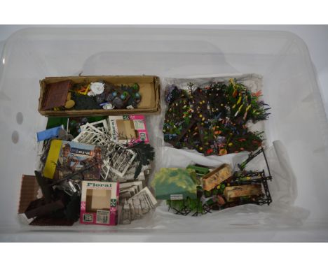 Britains Herald Plastic Floral Miniature Garden, various items including flower beds with flowers (15), card paving slabs, (3