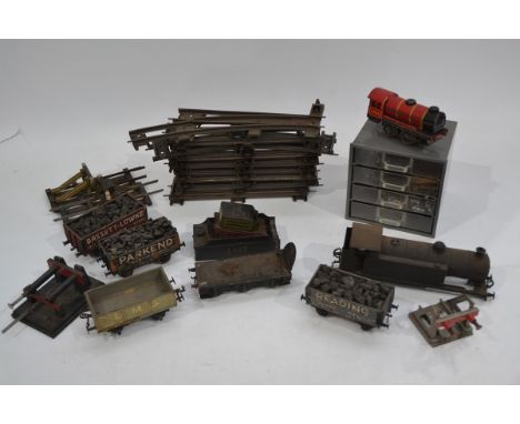 A Collection of coarse-scale 0 Gauge items, including four wooden open wagons (three hand finished in Reading Co-op, Bassett-