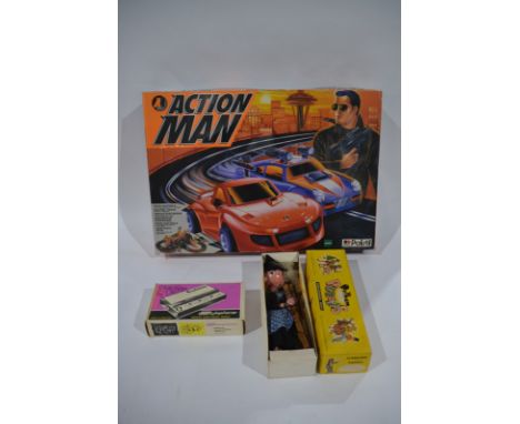 Action Man Racing Set and Others Toys, a boxed trio, Polistil/Hasbro Action Man racing set 04469 appears complete with two ca