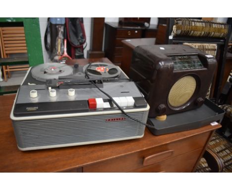 A vintage Bush DAC90A bakelite radio and a Philips reel to reel
