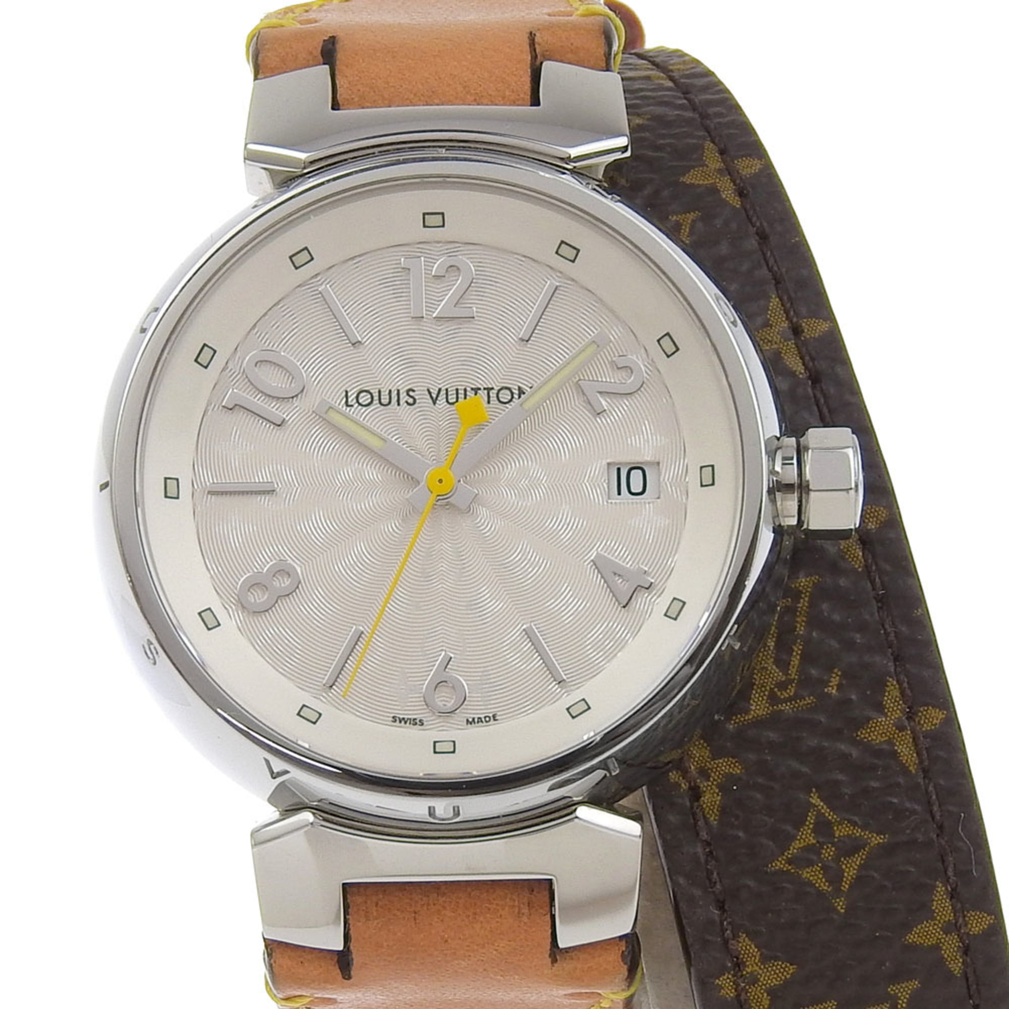 Louis Vuitton Tambour Watch Q1313 Stainless Steel x Monogram Canvas Quartz Analog Display White Dial