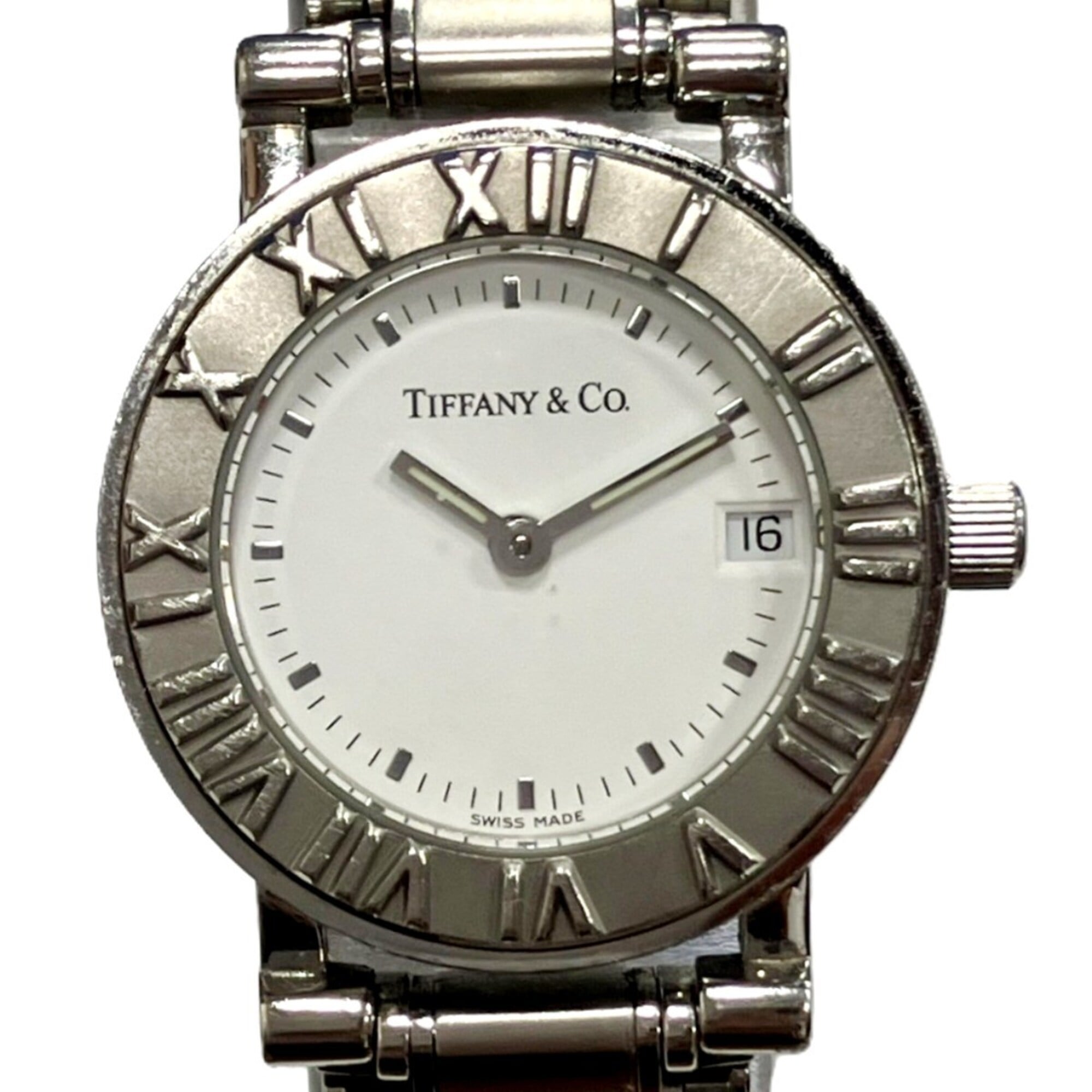 Tiffany & Co. Atlas watch, total weight 53.8g, stainless steel, quartz movement, white dial.