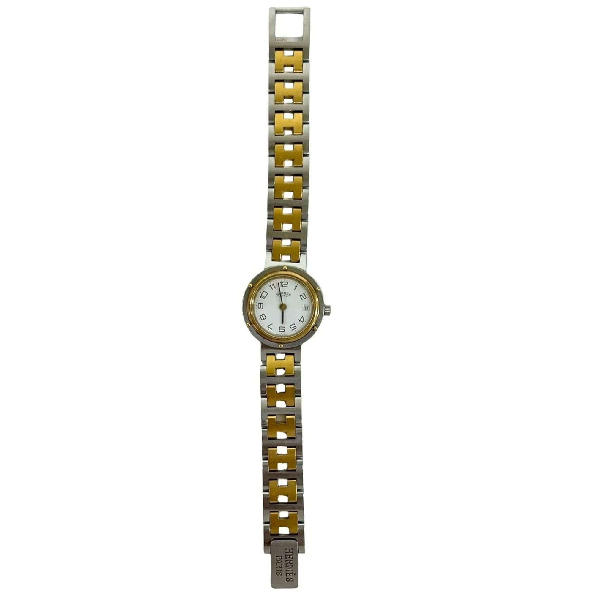 HERMES Vintage Clipper Logo Engraved Stainless Steel GP Wristwatch Silver Gold 40594