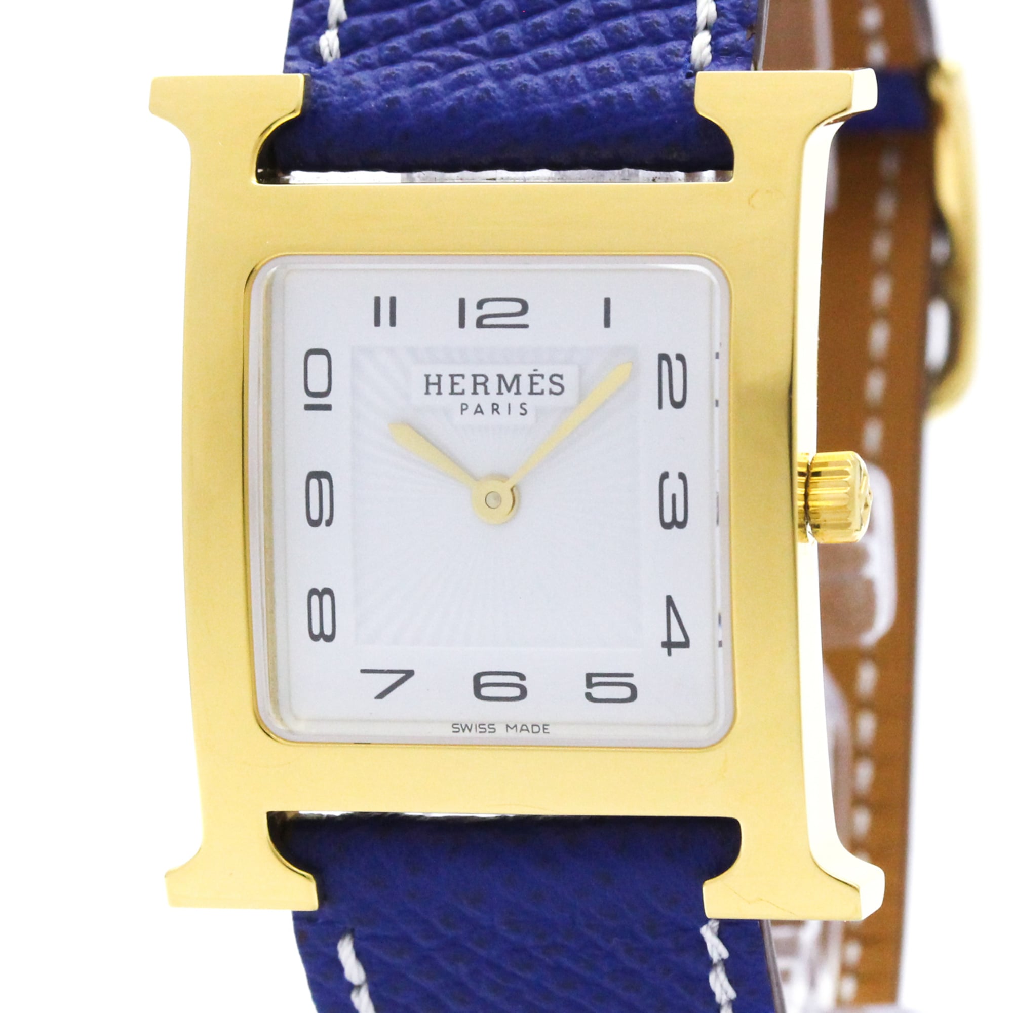 HERMES H Watch Gold Plated Leather Quartz Mens Watch HH1.510