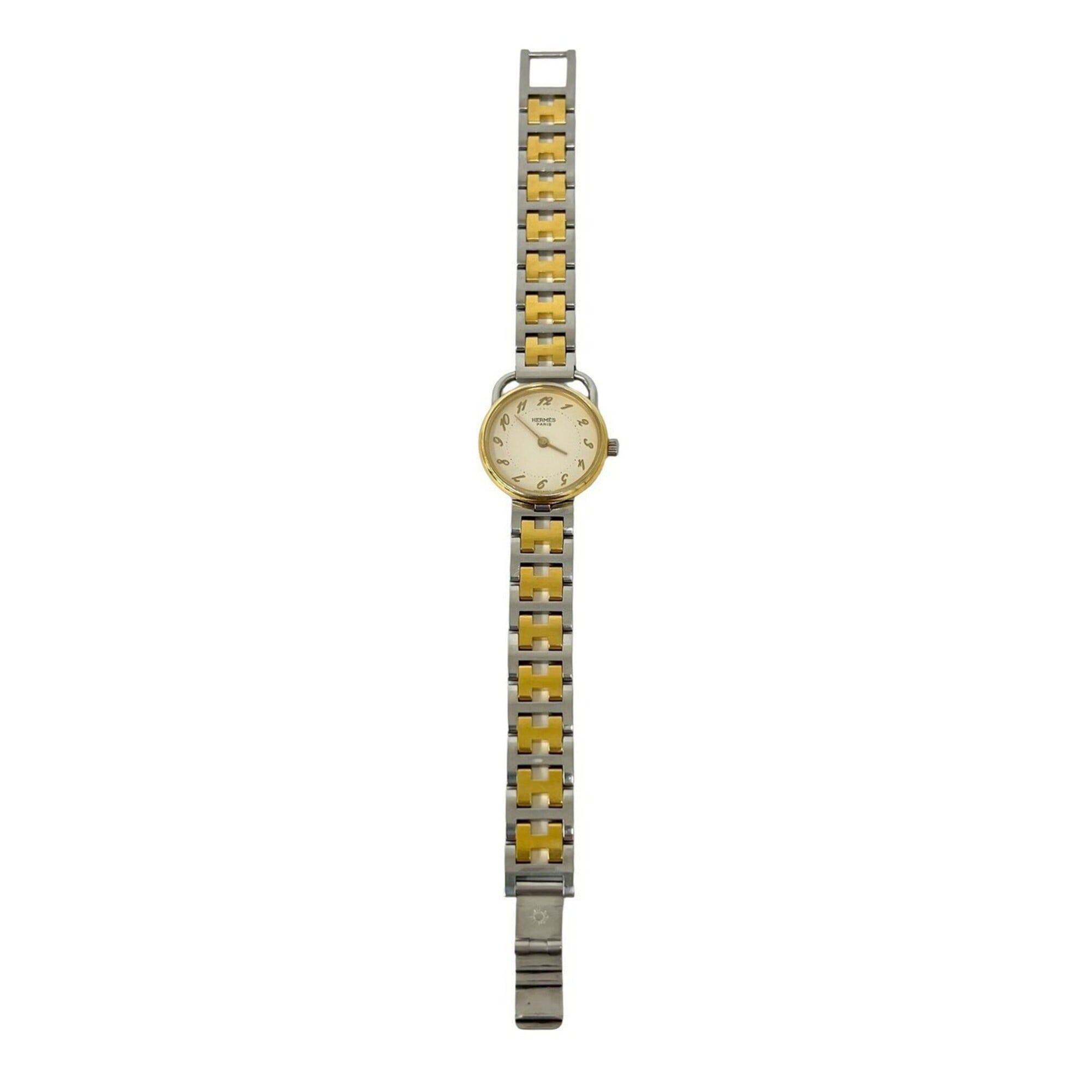 HERMES Arceau H Logo Belt Stainless Steel GP Quartz Wristwatch Silver Gold 34591