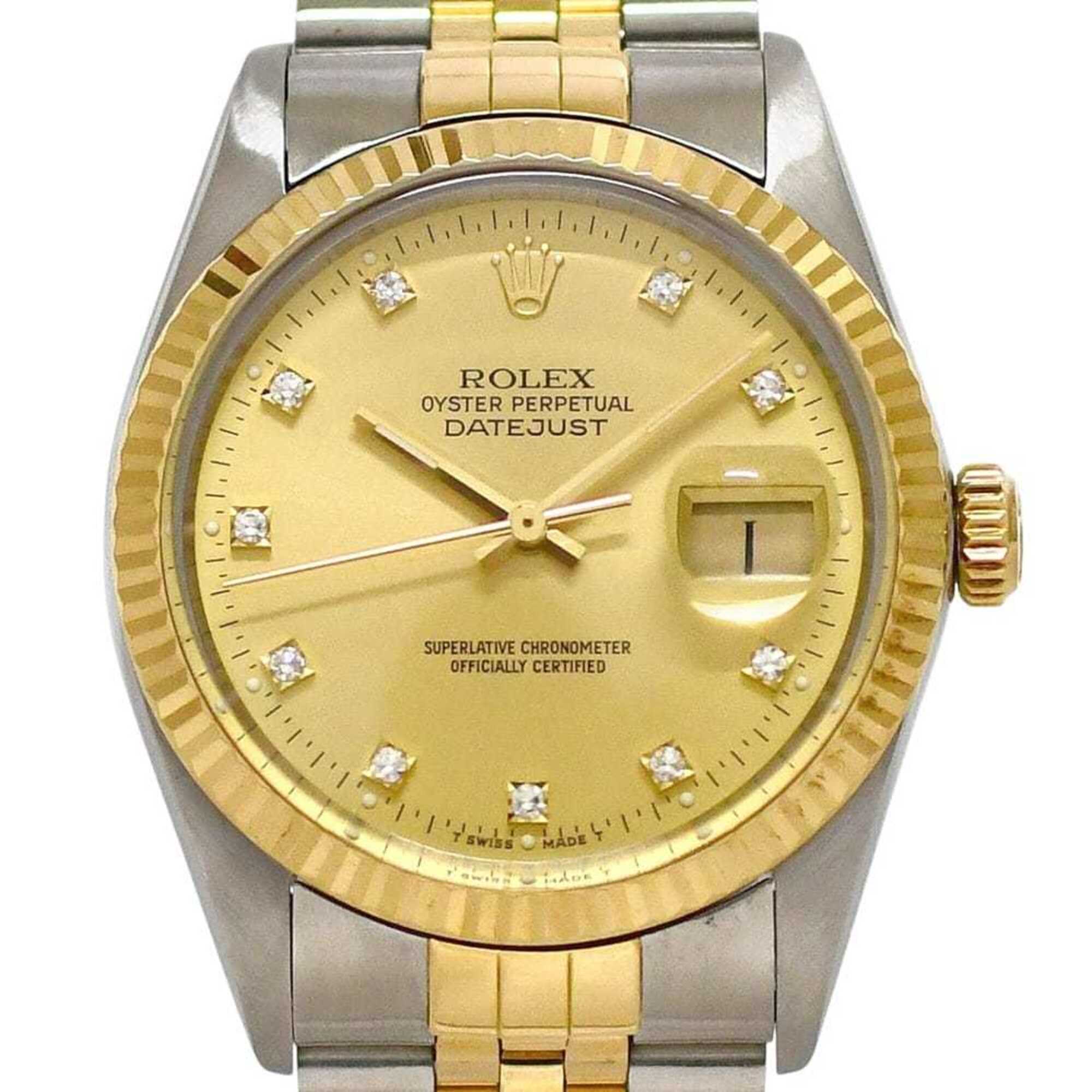 Rolex Datejust Gold Silver Watch 16013G Men\'s 10P Diamond 750 Stainless Steel Combination Automatic