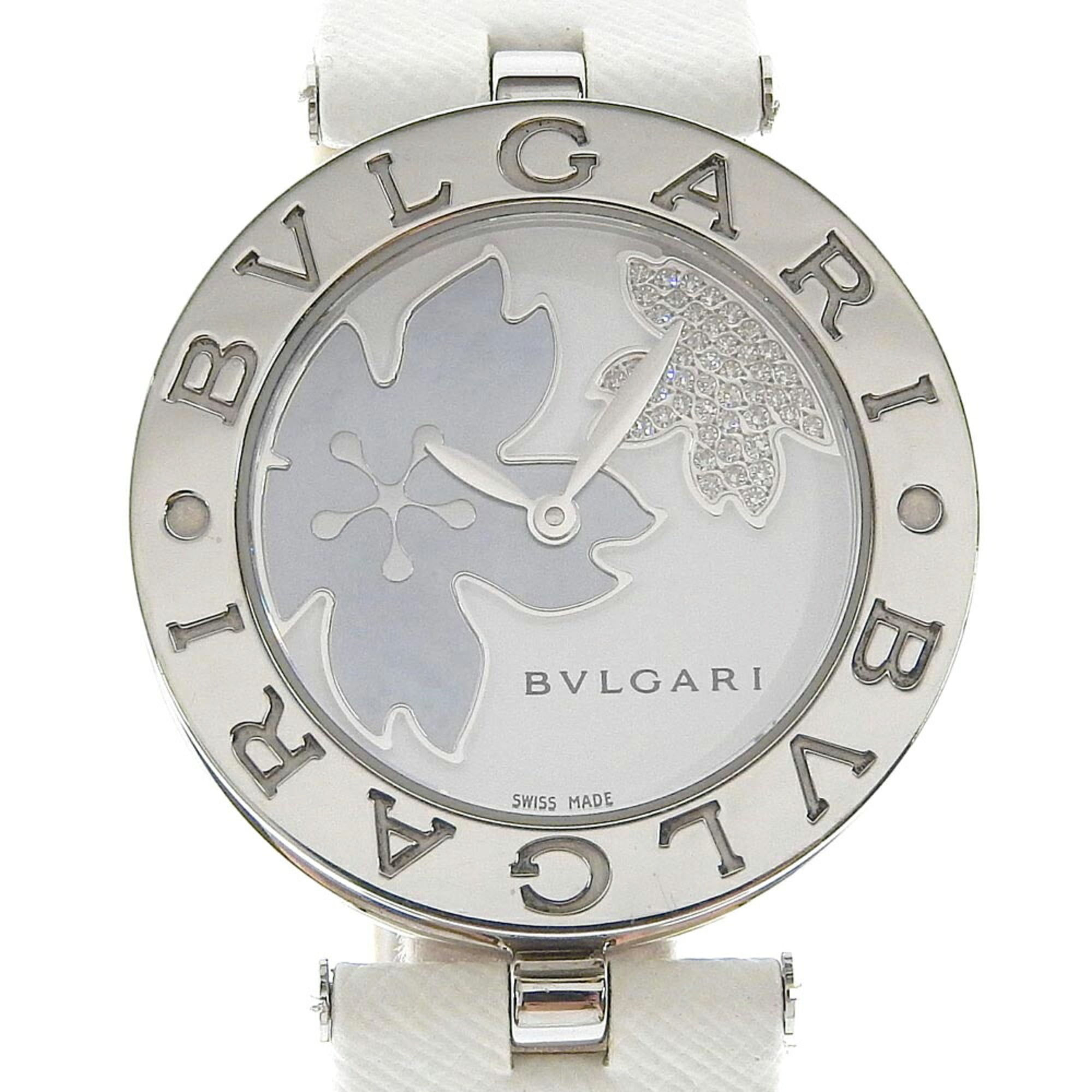 BVLGARI B-zero1 Watch BZ30FDSL Stainless Steel x Leather Flower Quartz Analog Display White Shell Di