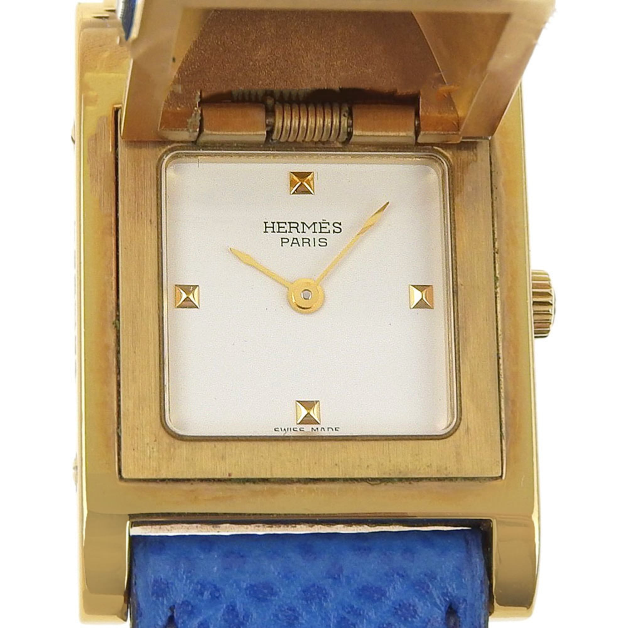 Hermes Medor watch, gold plated x leather, 1994 model, quartz, analog, white dial, women\'s.