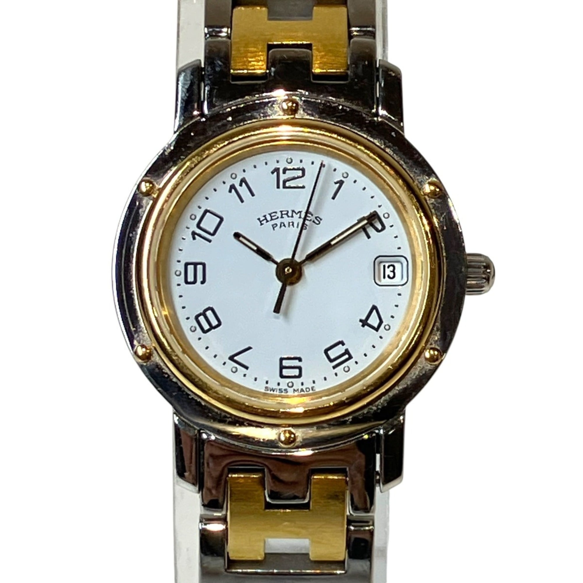 Hermes Clipper Two-Tone Watch, Total Weight 43.6g, Stainless Steel, Quartz Movement, White Dial, CL4