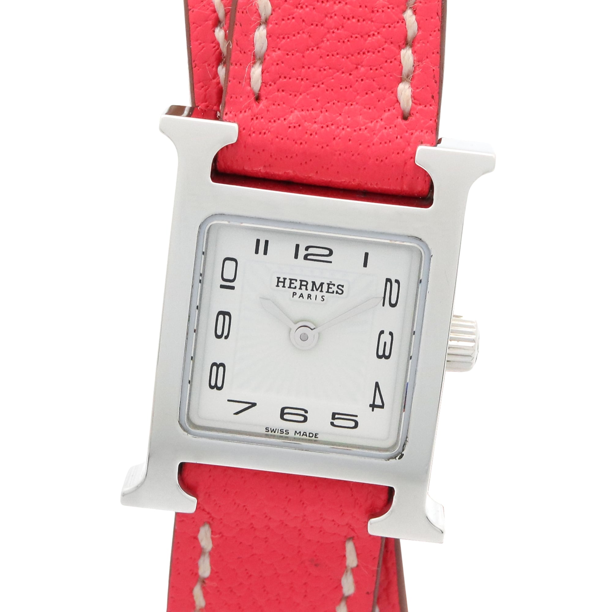 Hermes H-Watch Mini Double Tour Wristwatch, Stainless Steel, Leather Strap, Women\'s, White (HH1.110