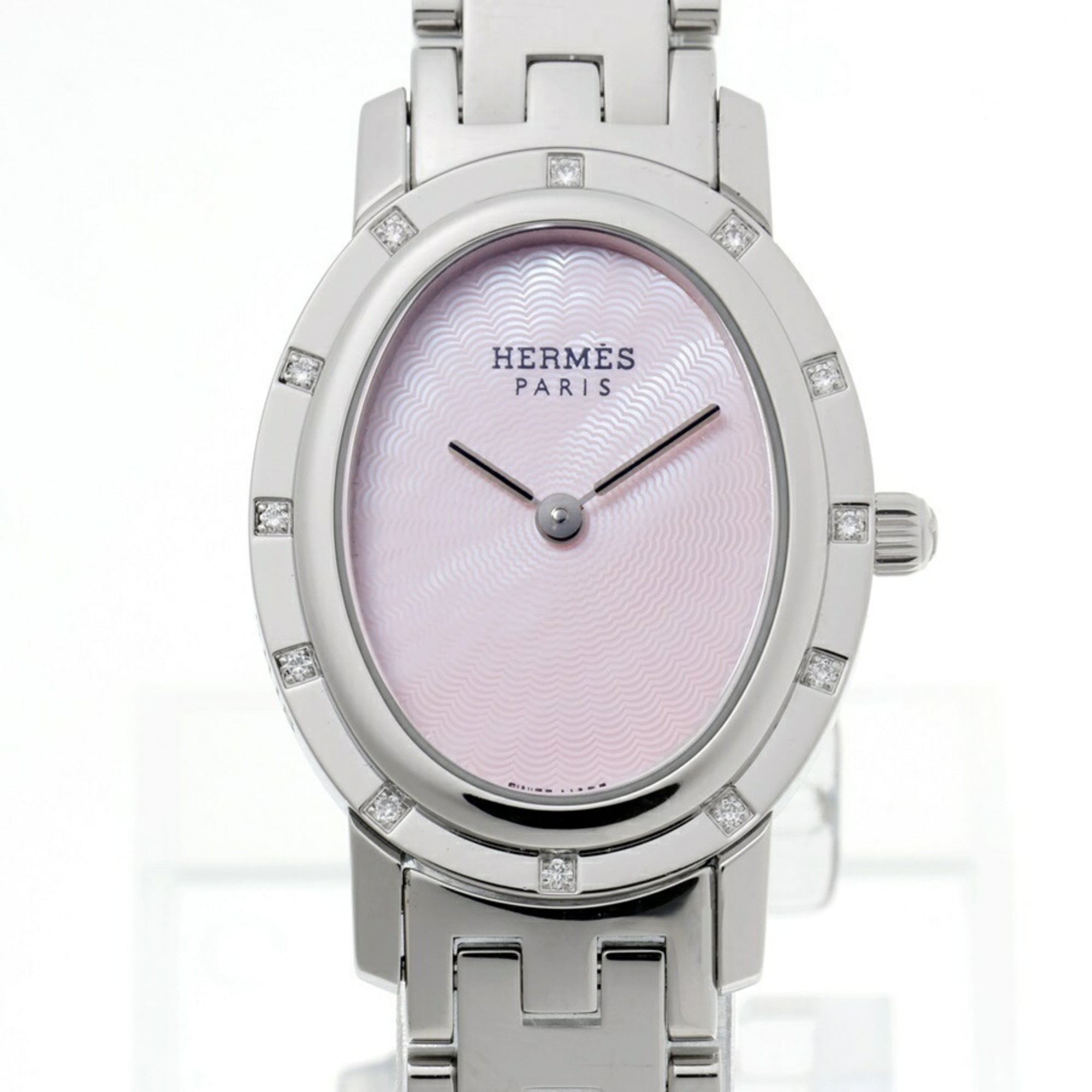 Hermes Clipper Oval Nacre CO1.230 12P Diamond Bezel Pink Shell Quartz
