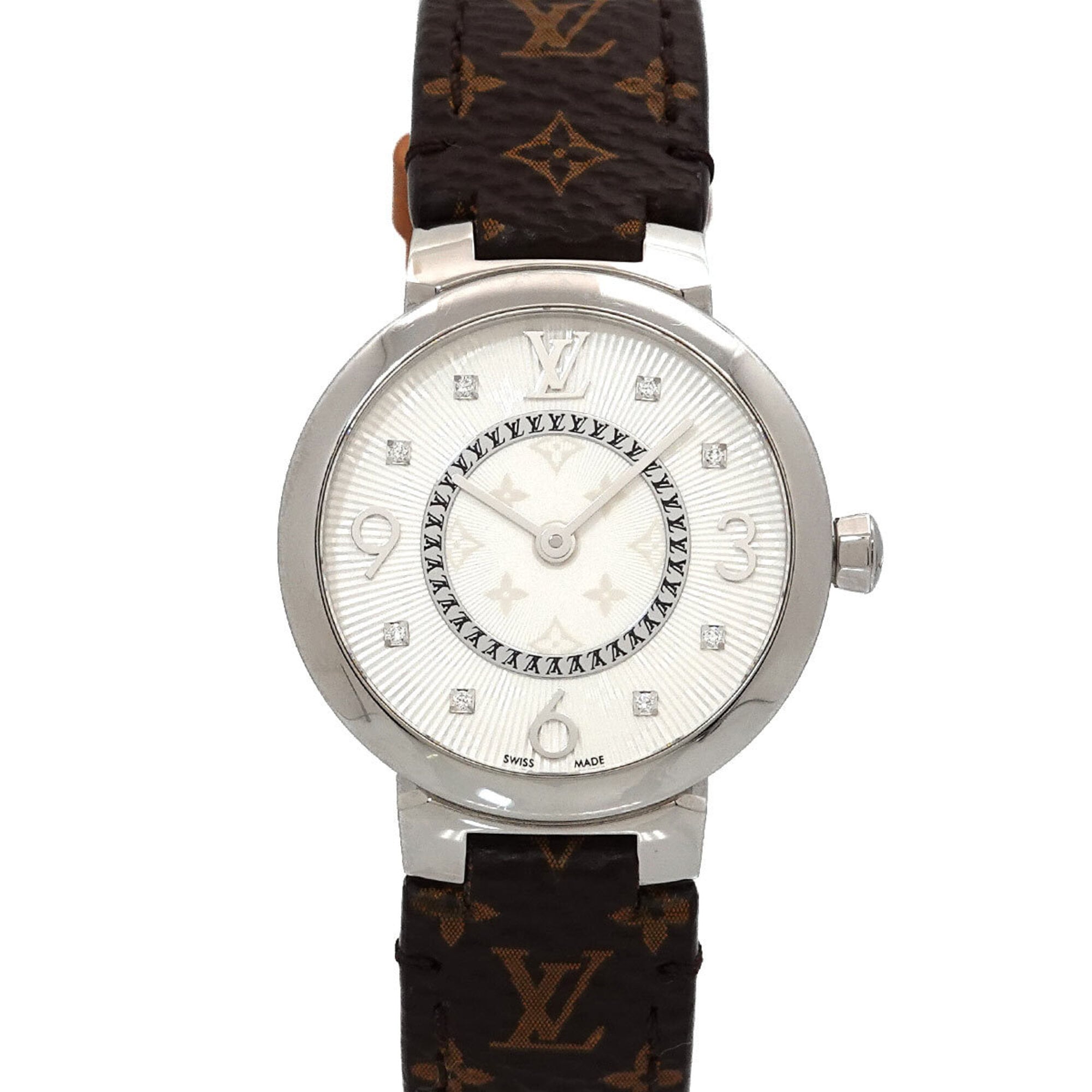 Louis Vuitton Tambour Q12MG Women\'s Watch, 8 Diamonds, Silver, Quartz Watch