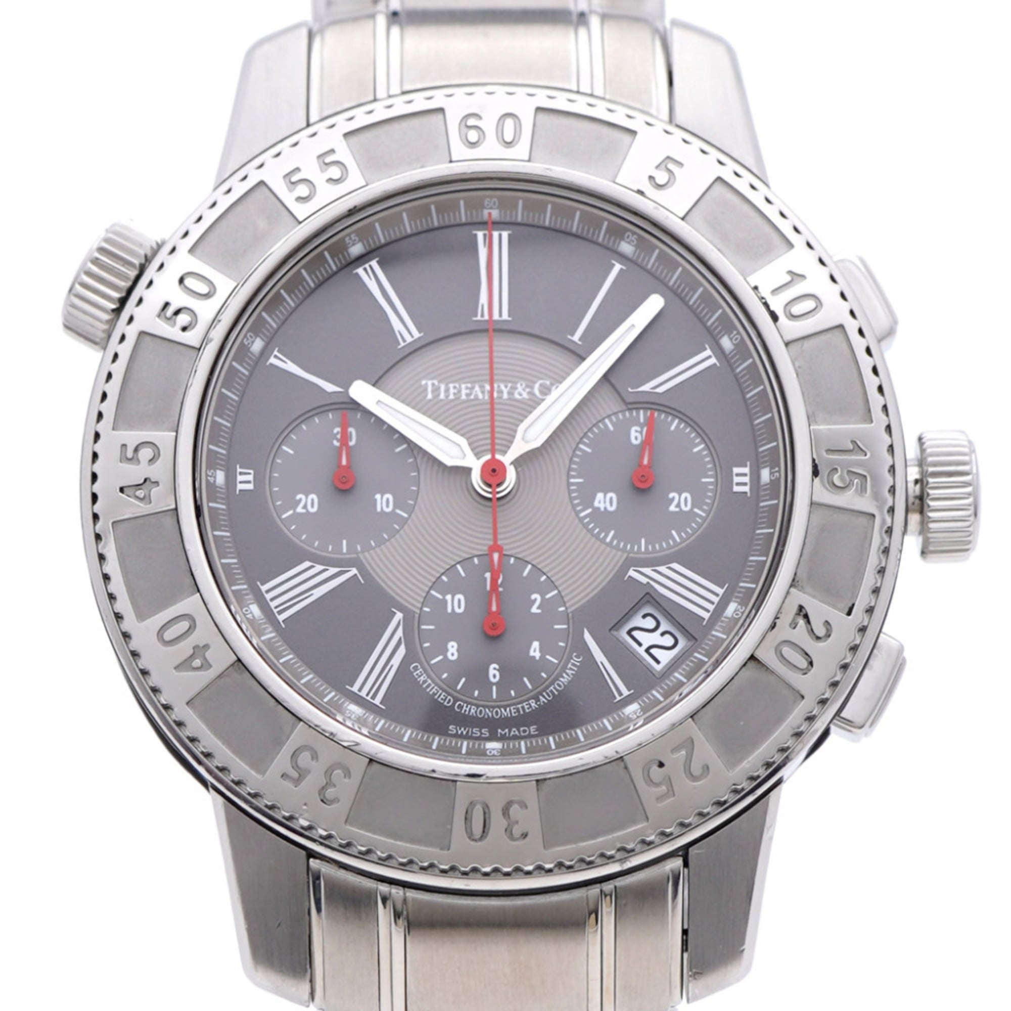 Tiffany & Co. T-57 Chronograph Watch with See-Through Back, Automatic, Stainless Steel, Gray, 0201,