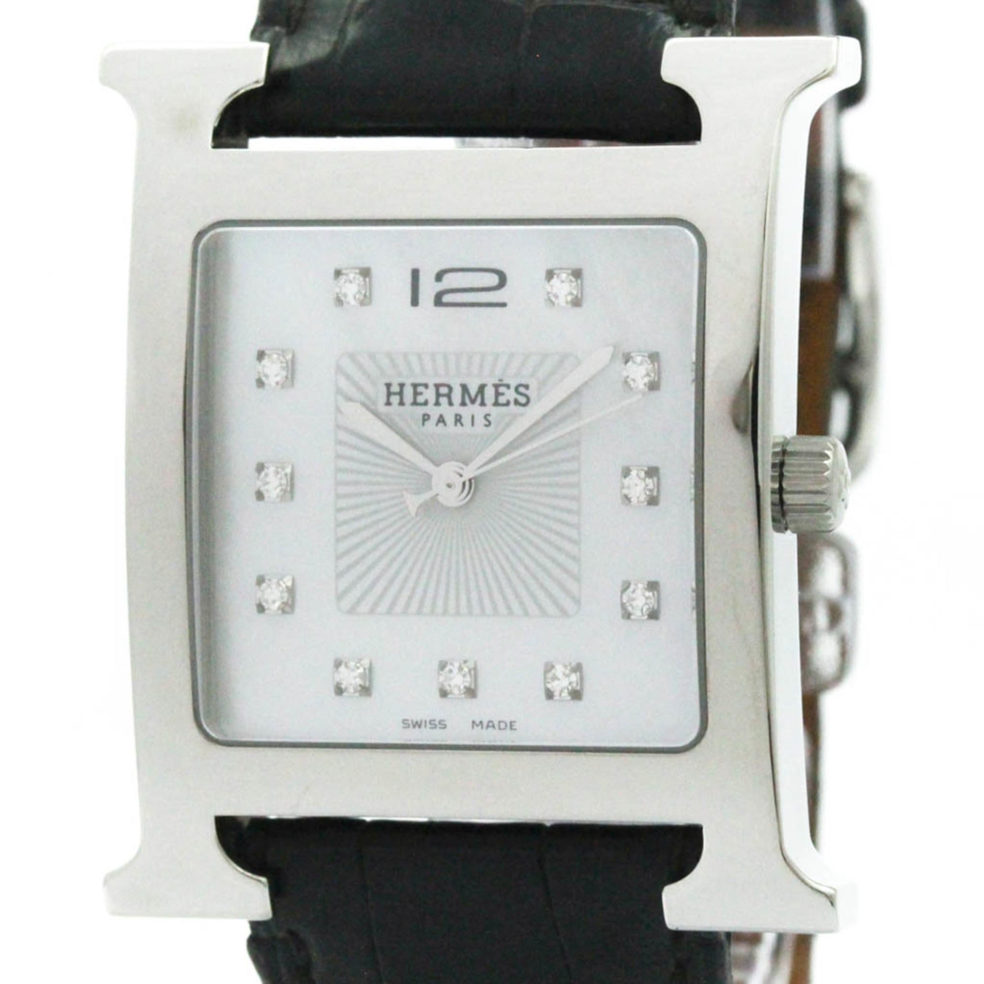 HERMES H Wach Diamond MOP Steel Quartz Mens Watch HH1.810 Polished