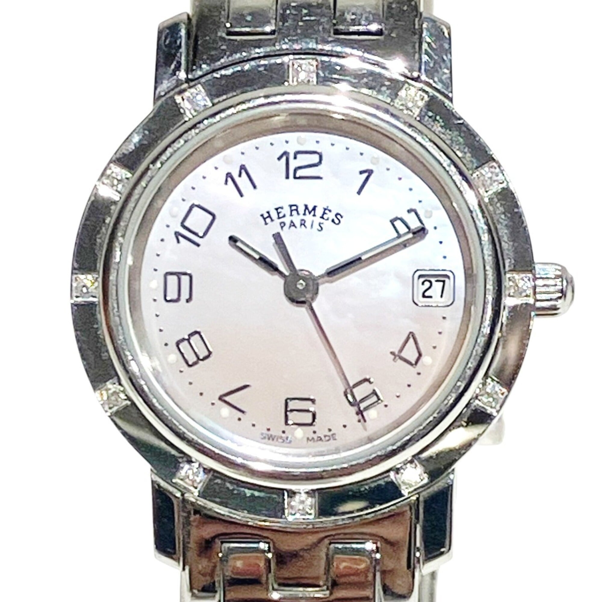 Hermes Clipper Nacre watch, total weight 42.8g, stainless steel, quartz movement, pink mother-of-pea