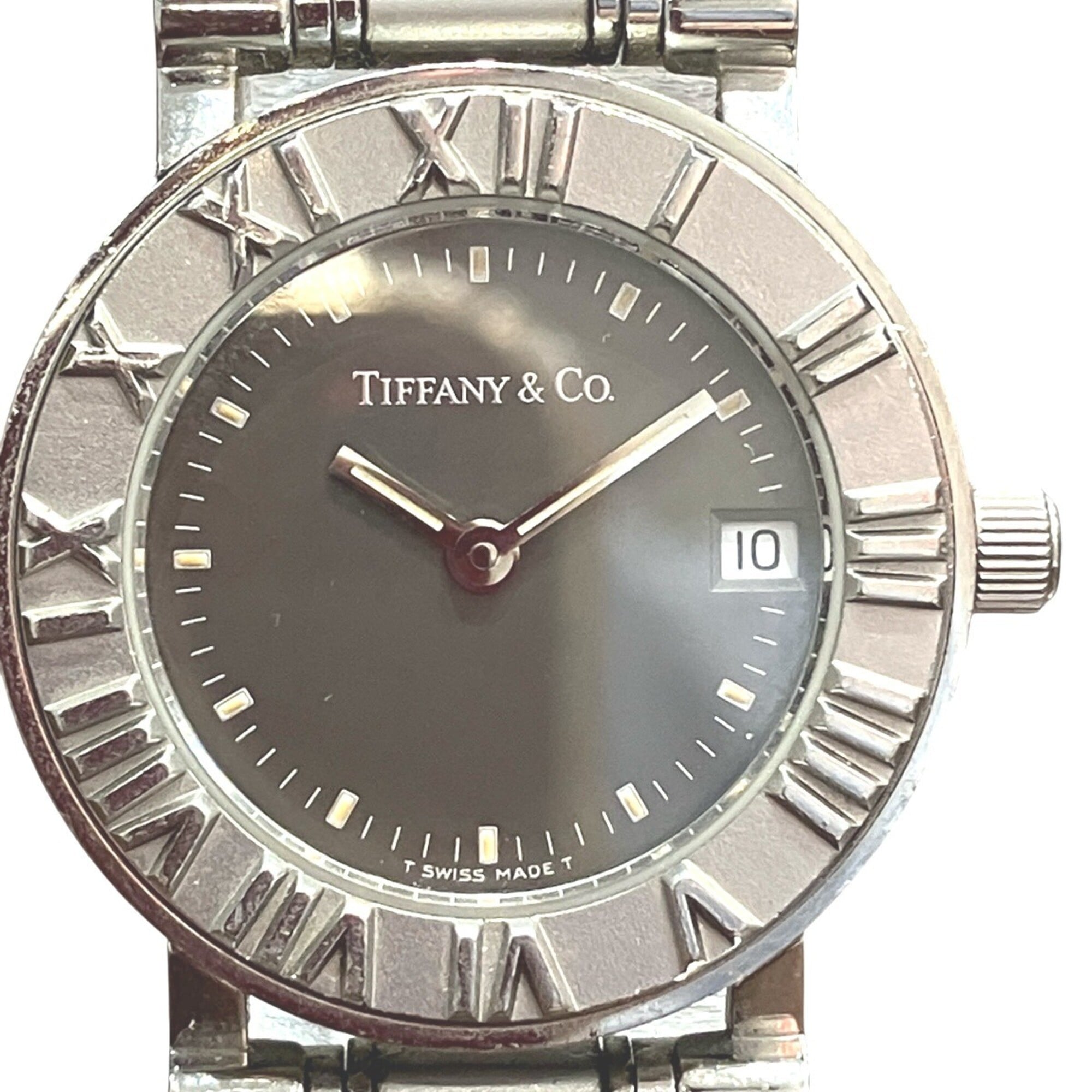 Tiffany & Co. Atlas watch, total weight 53.6g, stainless steel, quartz movement, black dial.