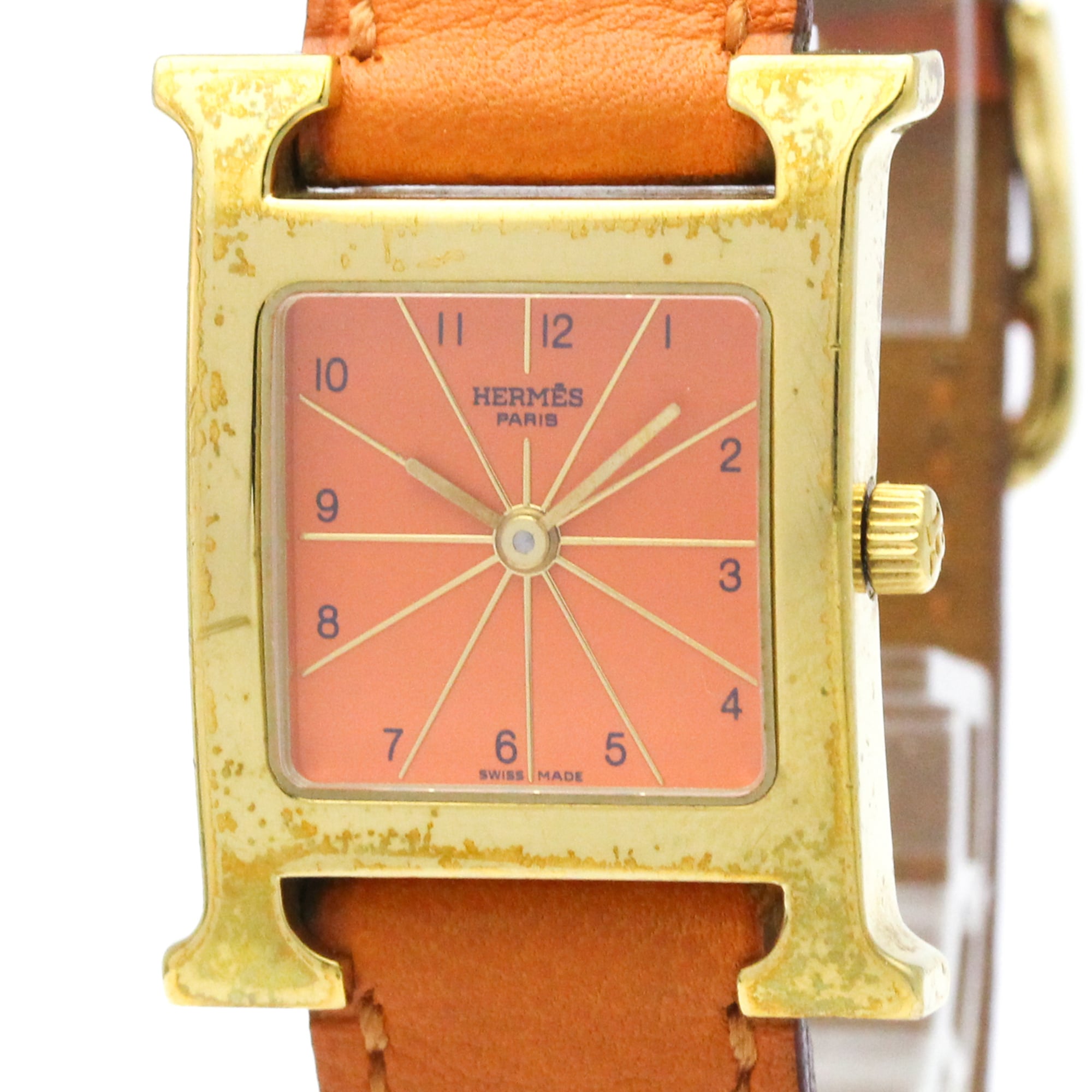 HERMES H Watch Gold Plated Leather Quartz Ladies Watch HH1.201