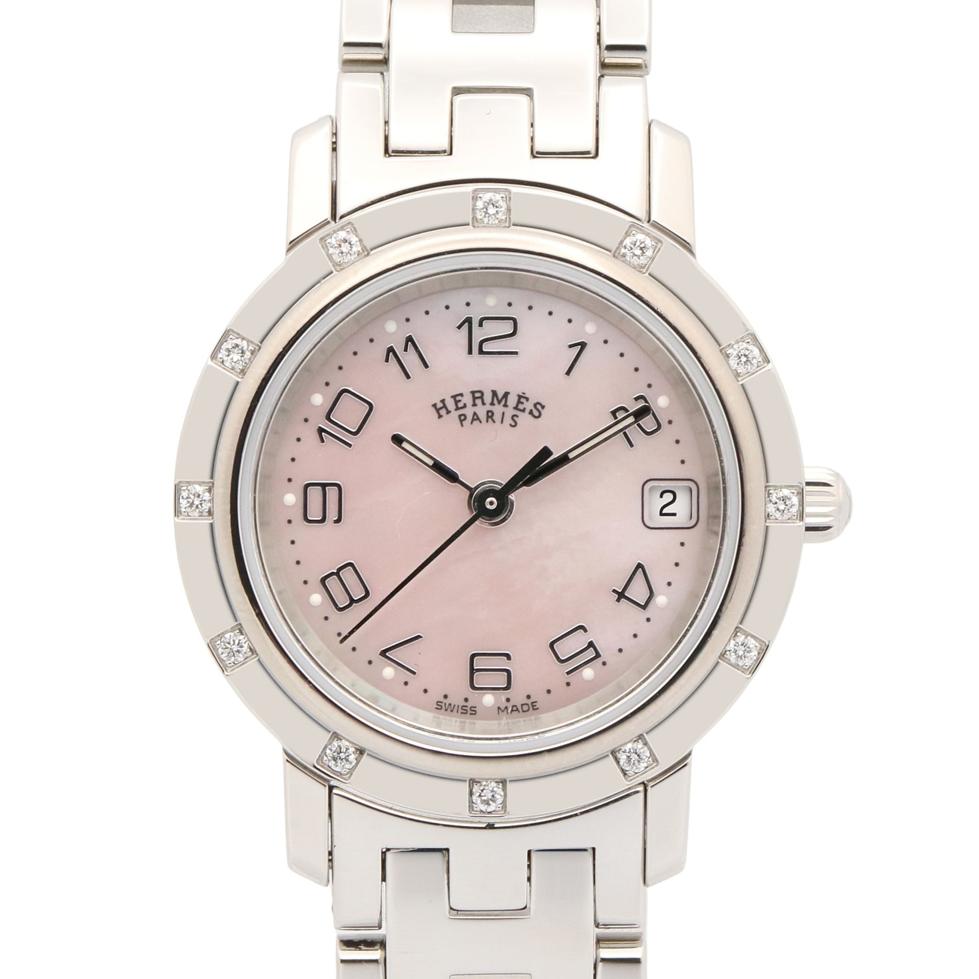 Hermes Clipper Nacre 12-Diamond Watch, Stainless Steel, Diamond, Ladies, Pink Tone, Shell, CL4.230