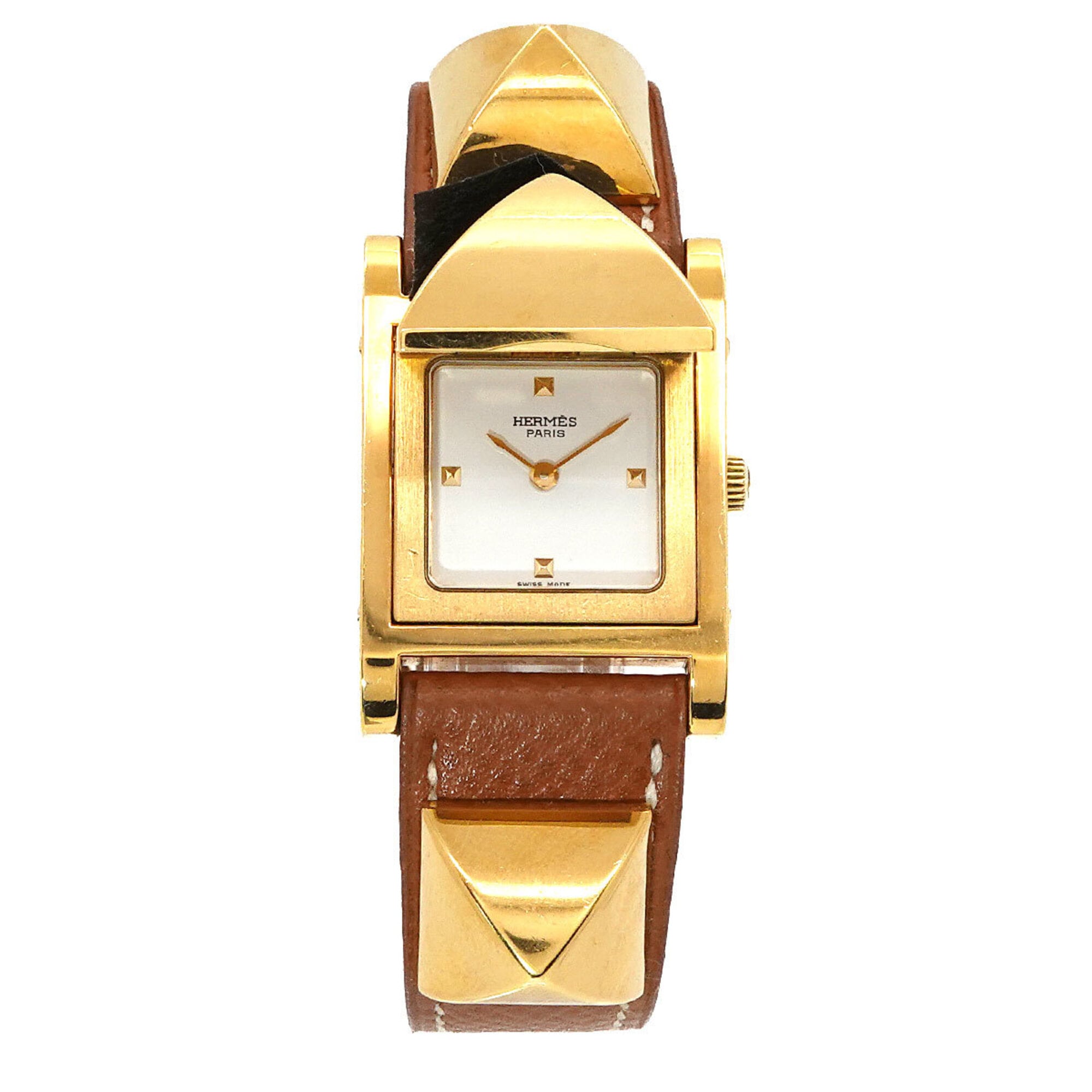 Hermes Medor Women\'s Watch, Pyramid Design, Gold Studs, White and Brown Leather Strap, Quartz Movem