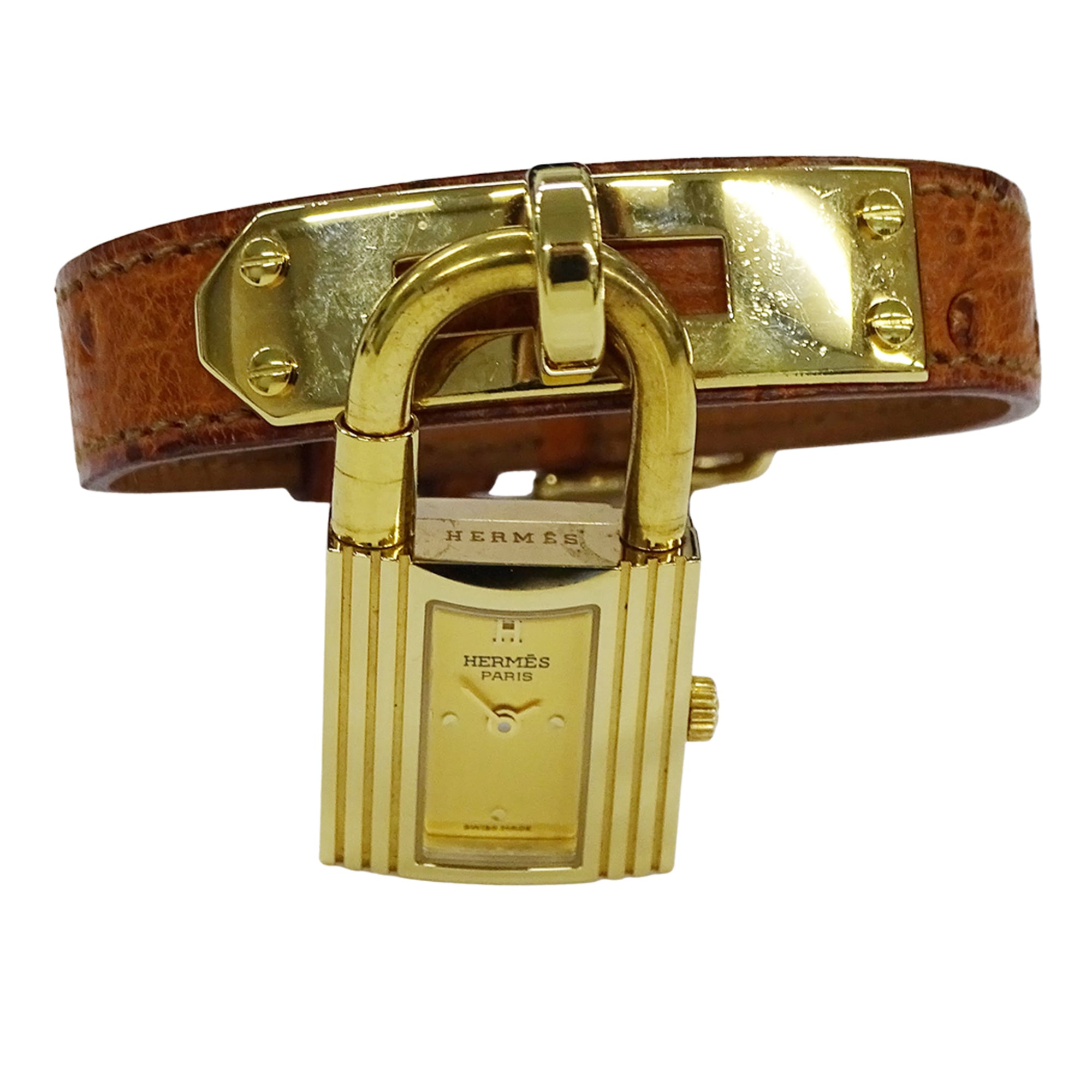 Hermes HERMES Women\'s Watch Brand Kelly Quartz QZ GP Leather KE1.201 Gold Brown ○Y