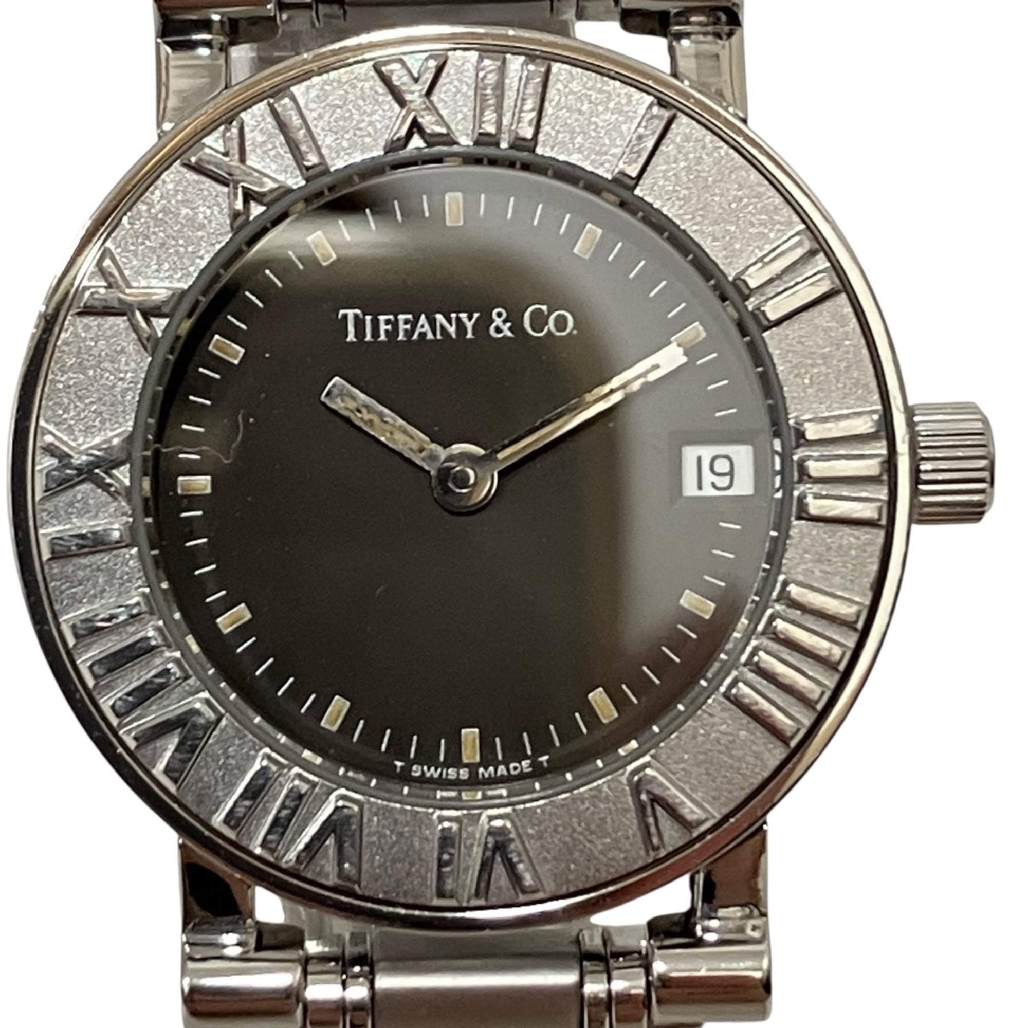 Tiffany & Co. Atlas watch, total weight 53.5g, stainless steel, quartz movement, black dial.
