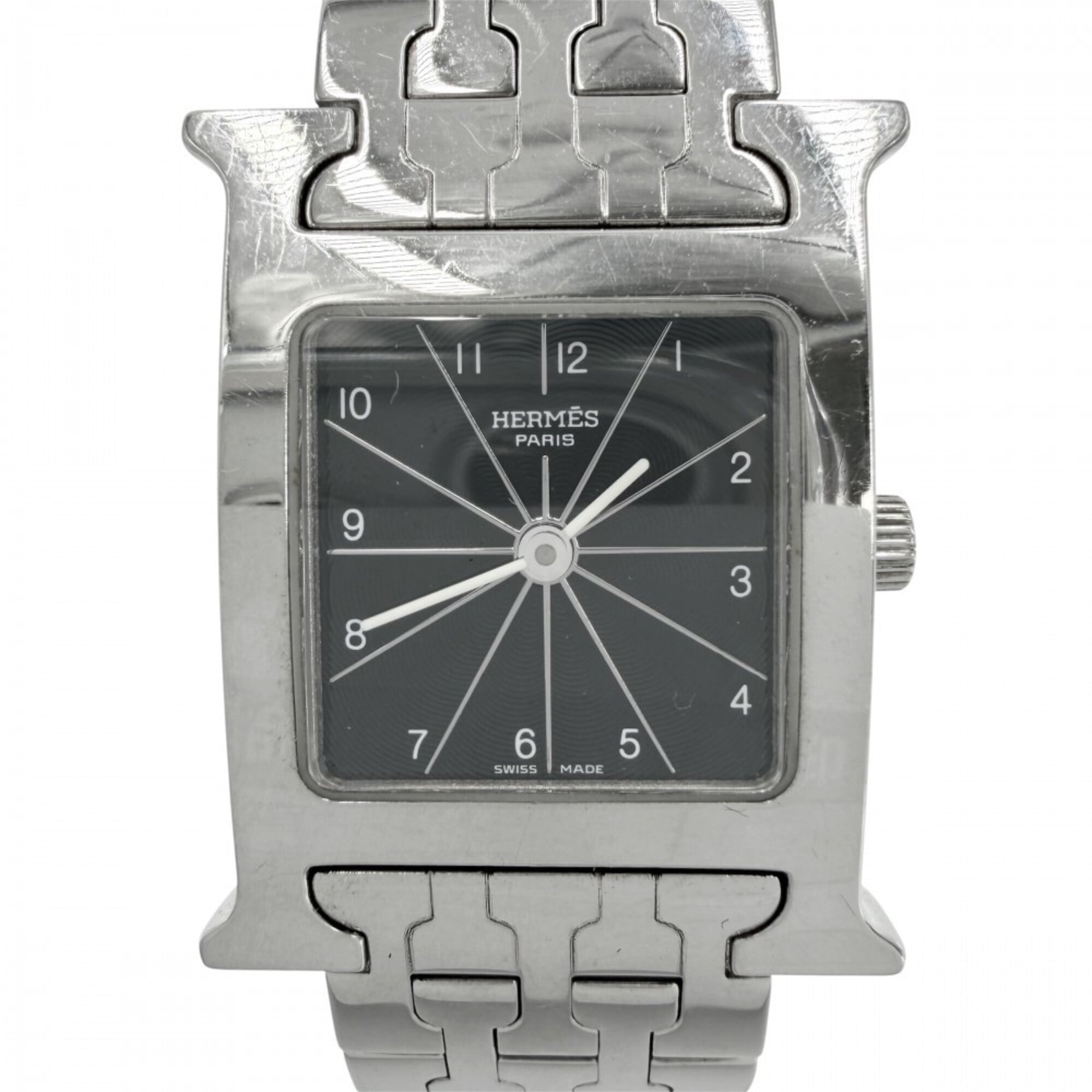 Hermes H-Watch Women\'s Quartz Watch, Black Dial, H WATCH, Battery Operated, Stainless Steel, Silver