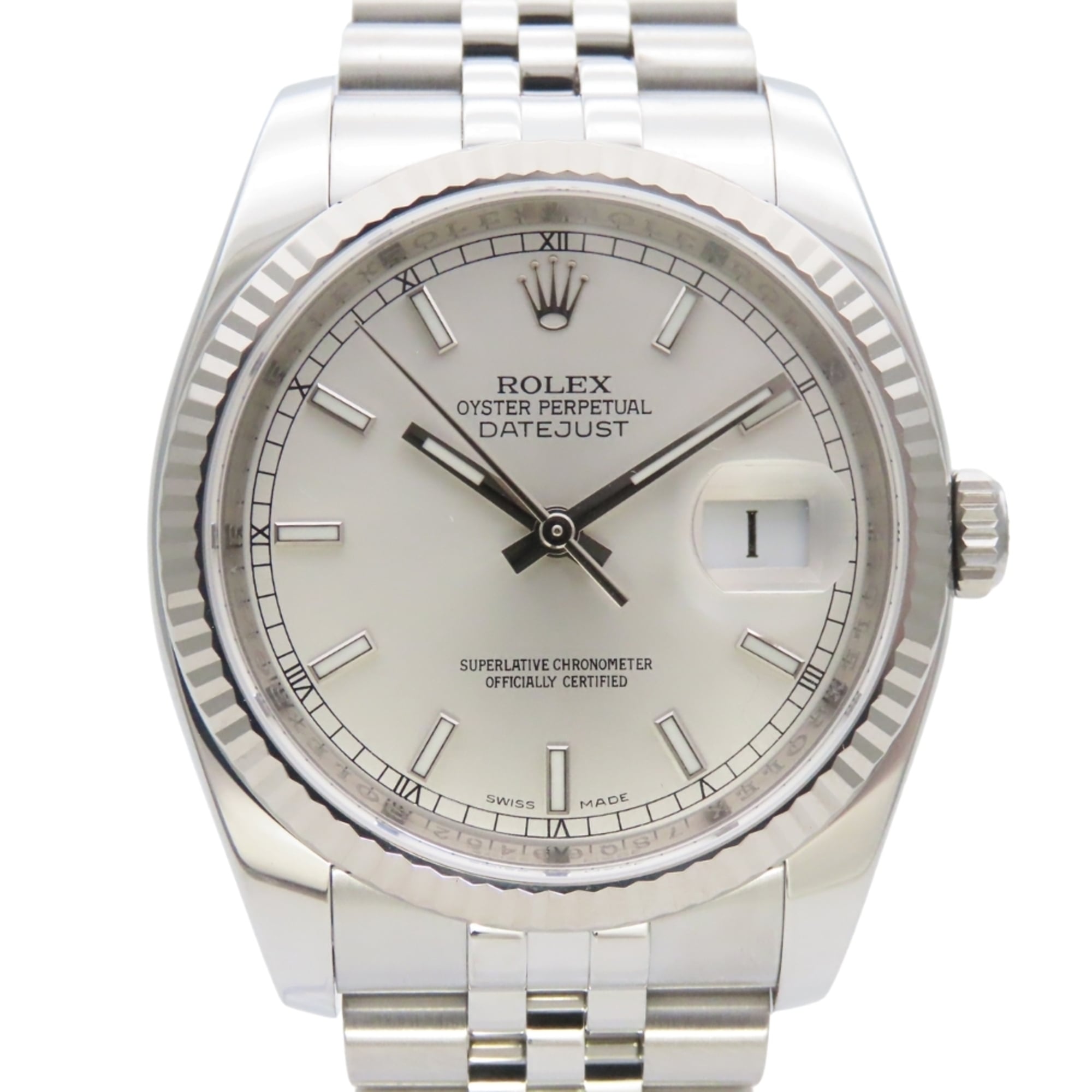 Rolex Datejust 36 116234 Stainless Steel, 18K White Gold, Silver Dial, Bar Index, Men\'s Watch