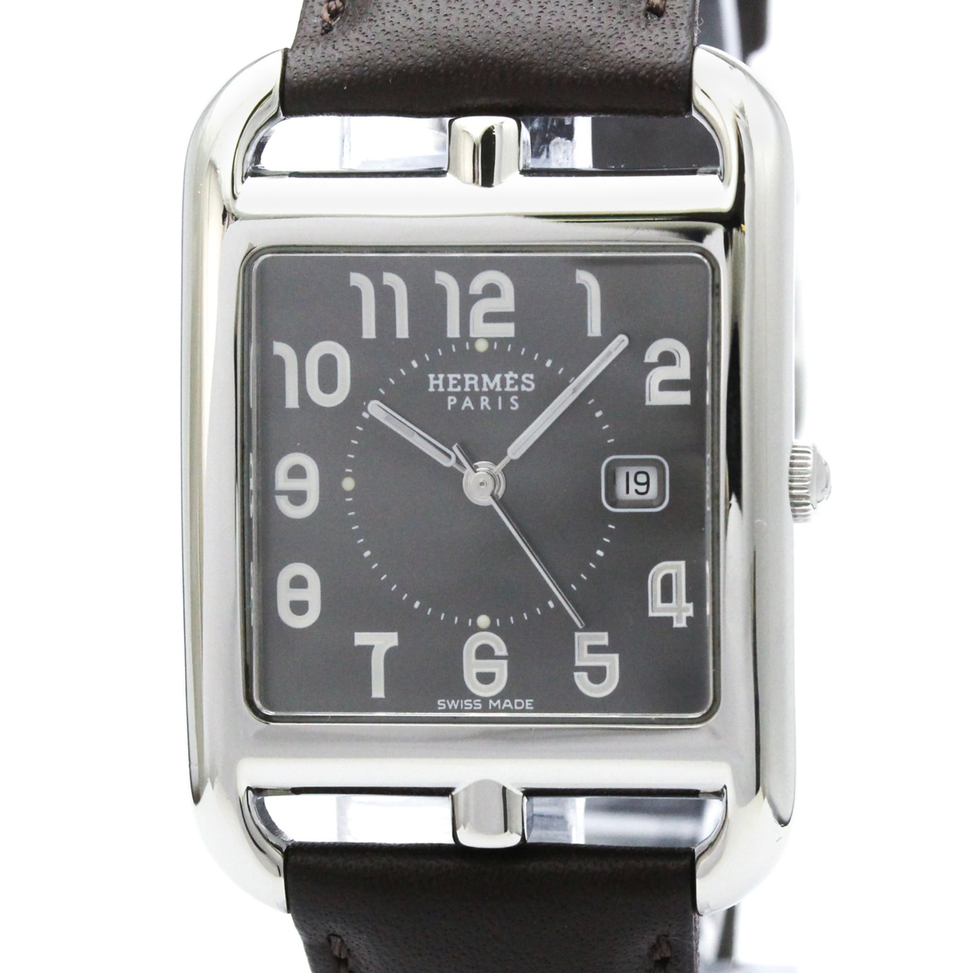 HERMES Cape Cod Steel Leather Quartz Mens Watch CC2.710 Polished