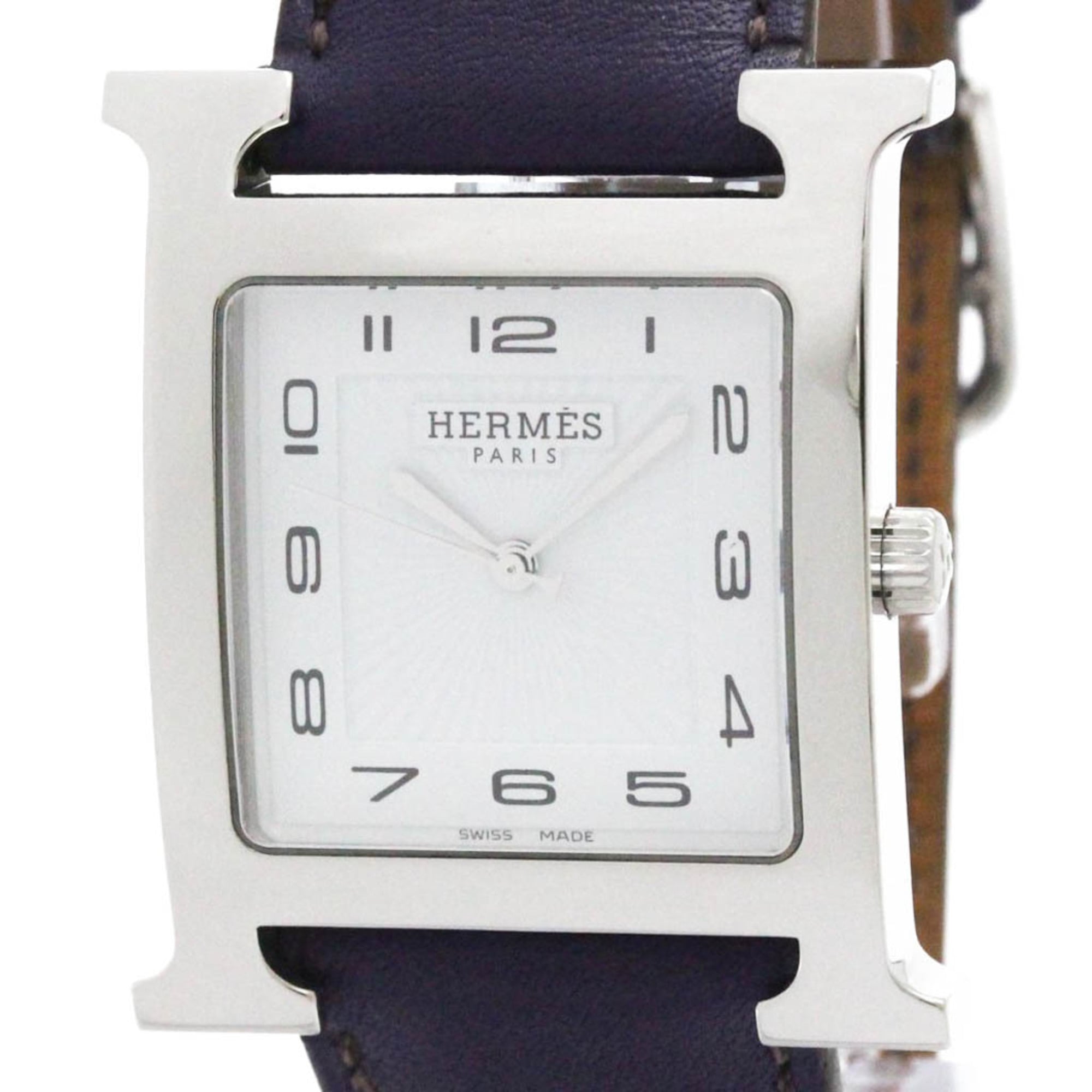 HERMES H Wach Steel Leather Quartz Mens Watch HH1.810 Polished