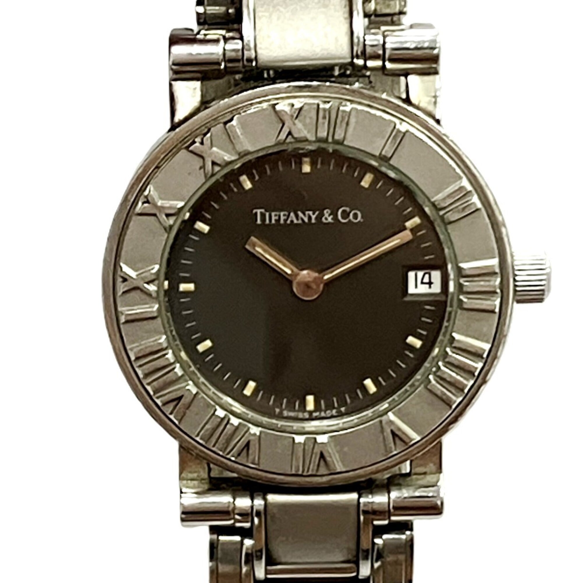 Tiffany & Co. Atlas watch, total weight 51.2g, stainless steel, quartz movement, black dial.