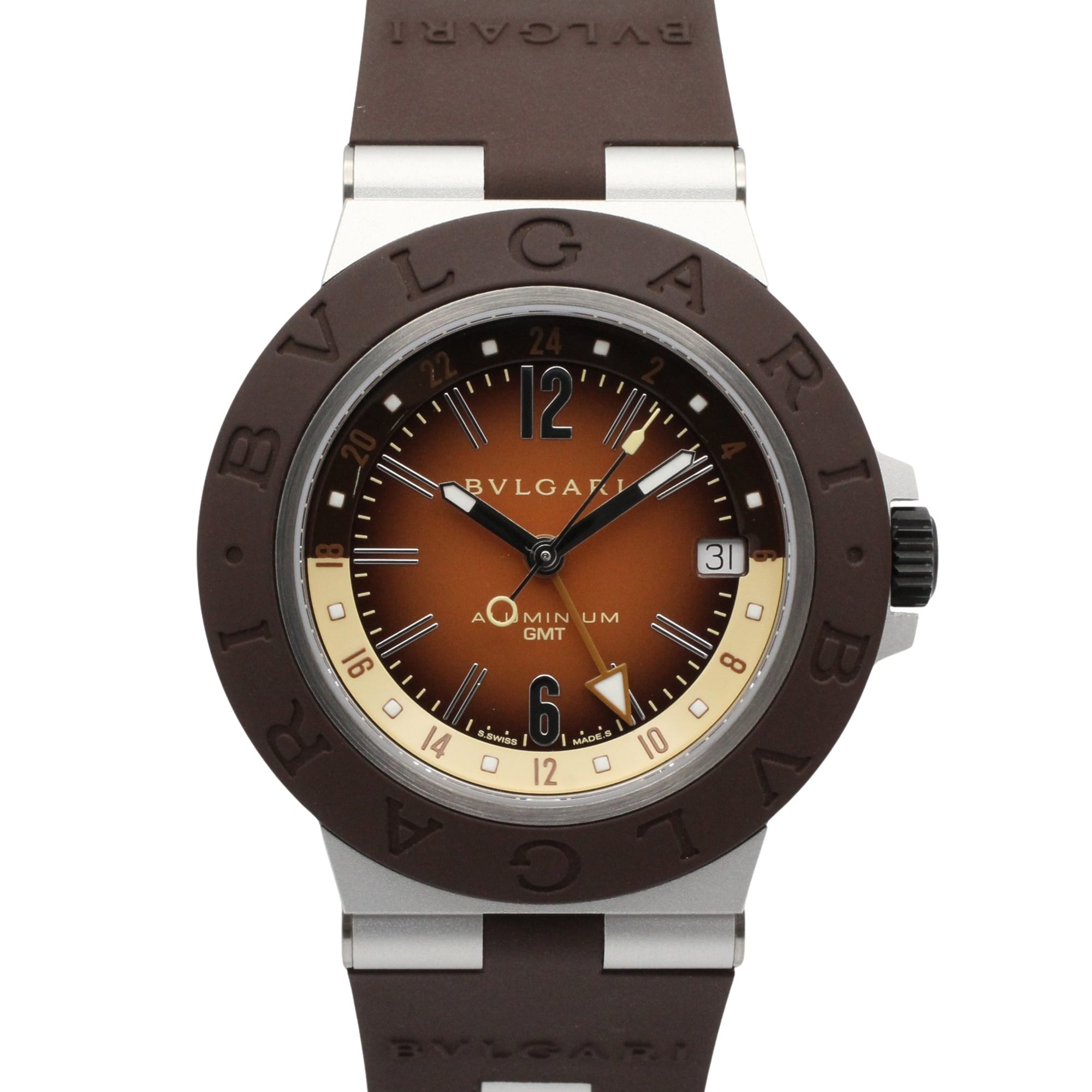 Bulgari BVLGARI Aluminum GMT Watch, Rubber Strap, Aluminum, Men\'s, Brown, BB40ATGMT