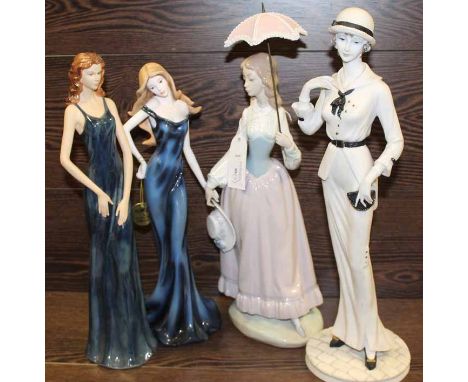 LARGE LLADRO LADY FIGURE
in 19th century dress with ceramic parasol, stamped with 'H5-S'; together with three modern ceramic 