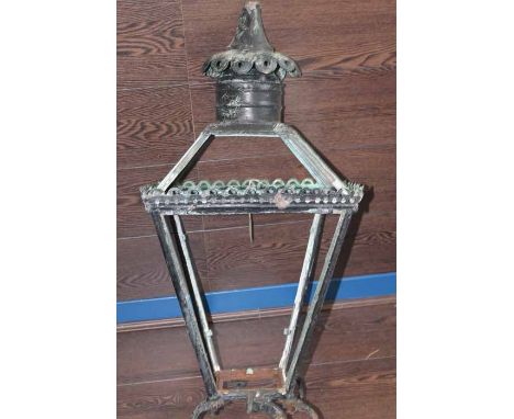 LARGE VICTORIAN GAS LAMP POST HEAD
of square form with hood and some glass panels, heavy rusting to base, approximately 90cm 
