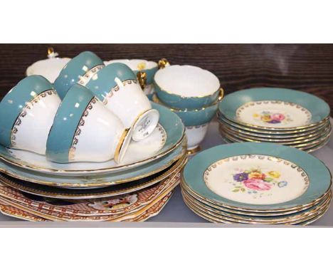 SUTHERLAND FLORAL PATTERN TEAL TEA SET
with eight cups, saucers, side plates, cake tray; together with a Limoges plate, two c