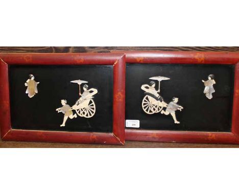 PAIR OF JAPANESE BONE AND MOTHER OF PEARL INLAID PANELS
each a mirror of the other, with scene of rickshaw and onlooker, each