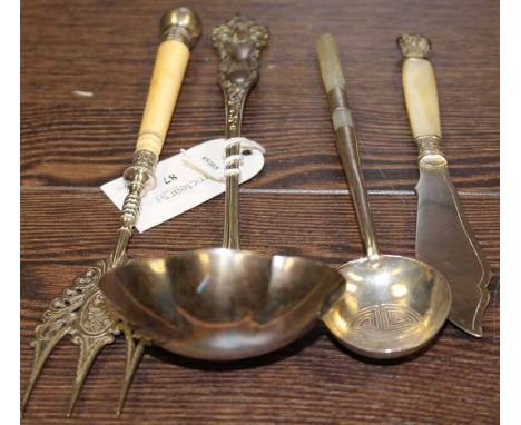 CONTINENTAL SILVER SPOON, LADLE, CAKE FORK AND MOTHER OF PEARL HANDLED KNIFE 