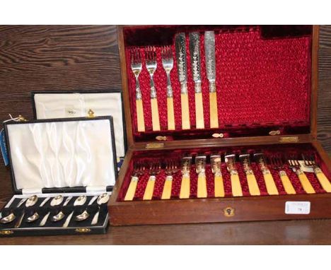 SET OF EIGHT SILVER TEASPOONS, SET OF SIX MOTHER OF PEARL HANDLED BUTTER KNIVES AND A PART SET OF FISH KNIVES AND FORKS (3 CA