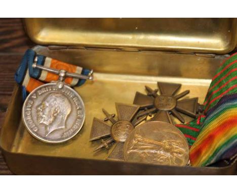 WWII MEDAL PAIR
awarded to '266500 Pte. W. J. Goodman R. S. Fus.'; together with two french WWI medals and inside a brass Pri