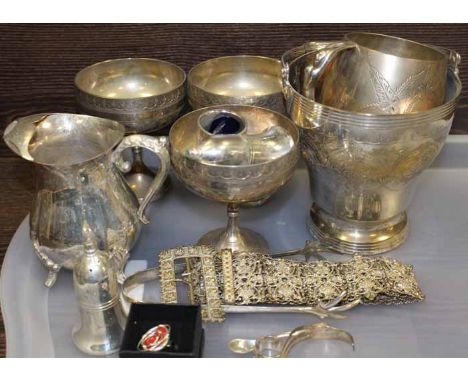 GROUP OF SILVER JEWELLERY AND PLATED ITEMS
including an embossed white metal link belts, silver and red gem ring, ink bucket,