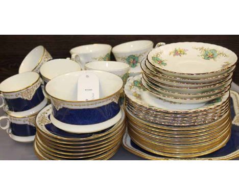 CAULDON BLUE AND GILT COFFEE SET
with eight cans, saucers, sideplates, sugar bowl and cake tray; together with a Royal Staffo