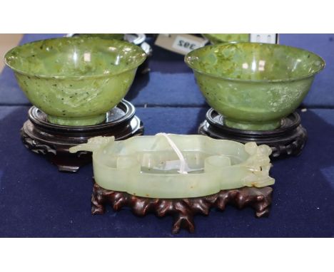 A Chinese bowenite jade brushwasher and a pair of hardstone bowls