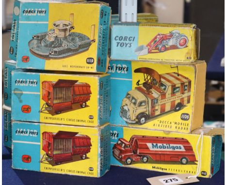 Corgi Major toys - Chipperfield's Circus animal cage 1123 (2), H.D.L. Hovercraft 1119, Decca Mobile Airfield Radar 1106, Mobi