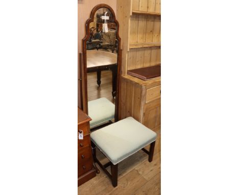 A walnut cheval mirror and a Georgian mahogany stool